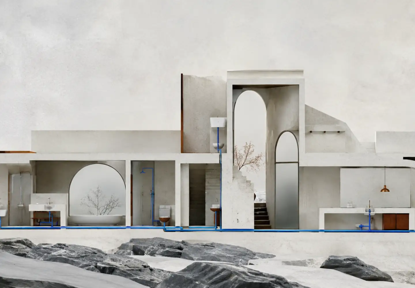 Panorama de una maqueta arquitectónica blanca con estancias conectadas por una línea continua de agua azul